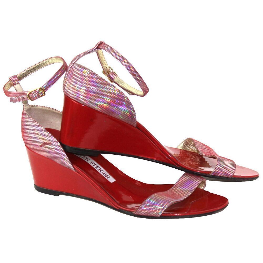 Walter Steiger Red Patent Leather Wedge Heels Ankle Strap Iridescent Size 7.5 B